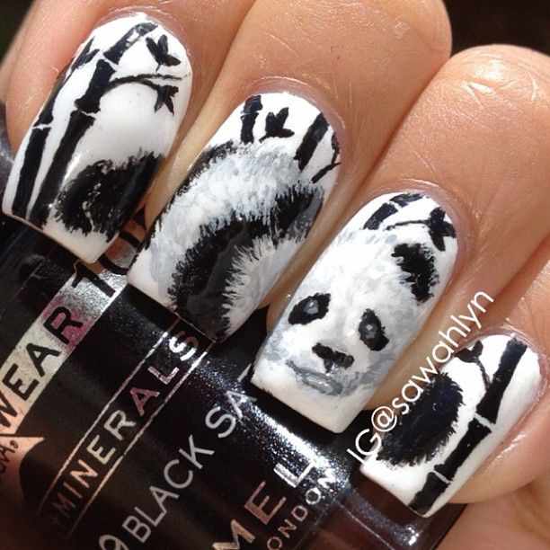 дизайн ногтей животные чёрно белый панда