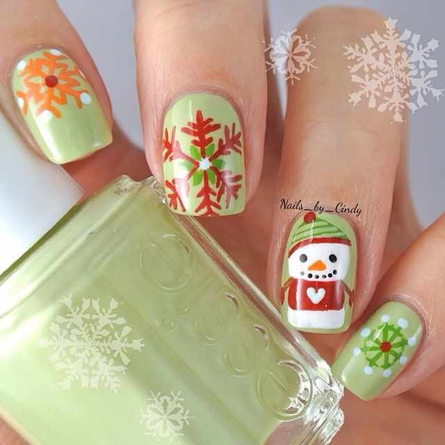 зимний дизайн ногтей с рисунком снеговика