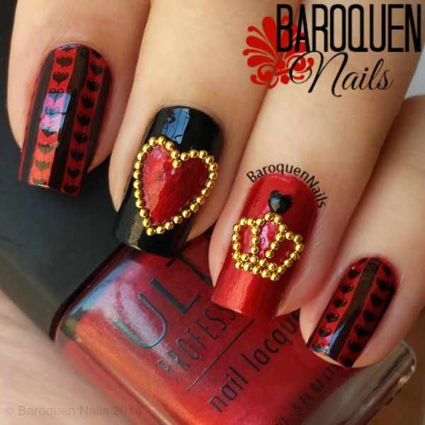 red black manicure красно чёрный дизайн ногтей сердечко с короной бульонками 