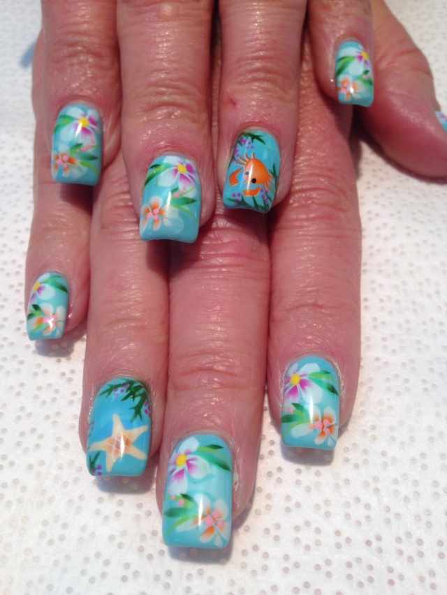 nail design airbrush дизайн ногтей аэрография цветы краб морская звезда