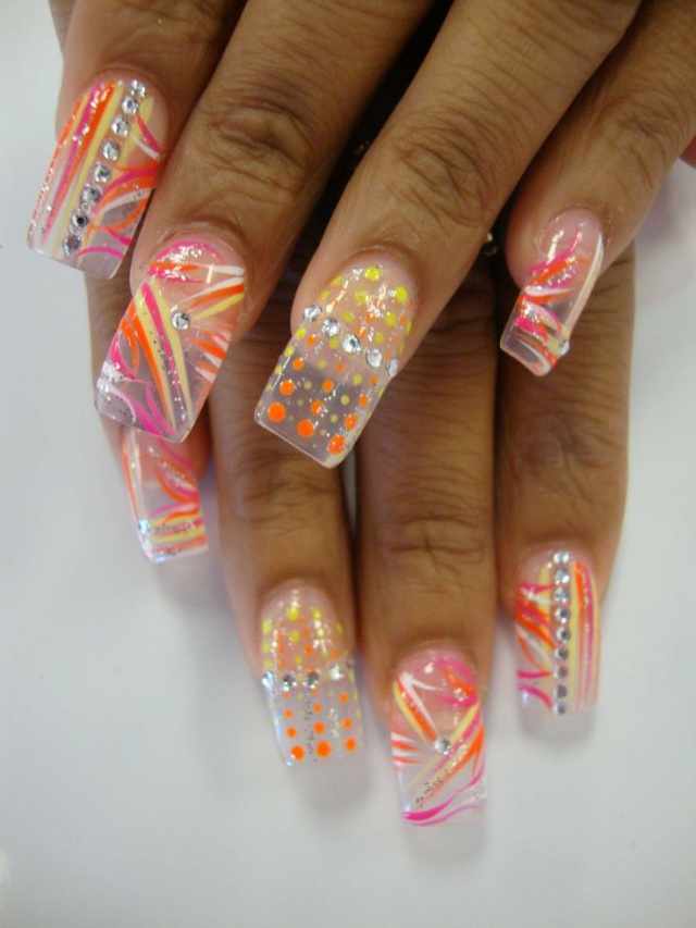 transparent nail design прозрачный маникюр оранжевый точки дотсом manicure with transparent tips